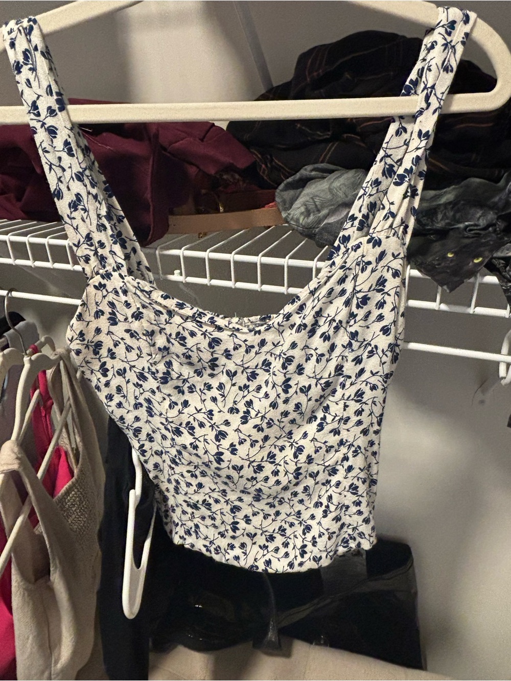Reformation White Floral Square-Neck Camisole with Navy Print